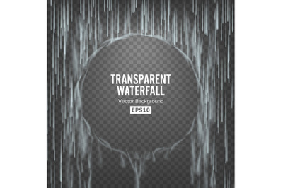 Transparent Waterfall Vector. Abstract Falling Water Texture. Nature Or Artificial Blue Water Drops Wall. Checkered Background. Illustration Blank Good For Banner, Brochure, Flyer.