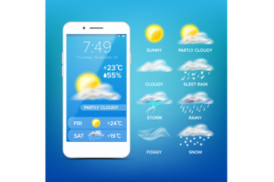 Weather Forecast App Vector. Realistic Smartphone Screen. Weather App With Icons. Design Element Illustration