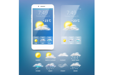 Weather Forecast App Vector. Blue Background. Application Of Science And Technology. State Of The Atmosphere. Illustration