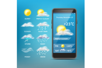 Weather Forecast App Vector. Good For Use In Mobile Phone App. Predict The State Of The Atmosphere For A Given Location. Illustration