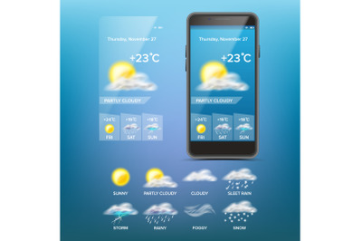 Weather Forecast App Vector. Weather Icons Set. Blue Background. Mobile Weather Application Screen. Illustration