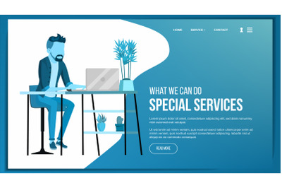 Website Page Vector. Business Agency. Front End Site Scheme. Cartoon Person. Protection Receipt. Illustration