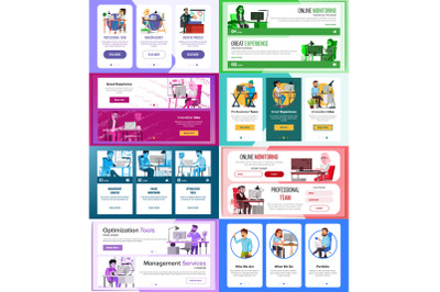 Website Banners Set Vector. Horizontal, Vertical. Technical Online Support. Business Interface. Responsive Ux Design. Onboarding Screen. Cartoon Team. Illustration