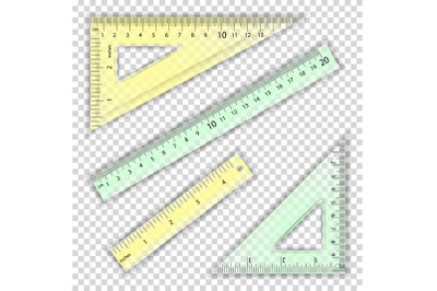 Transparent Ruler And Triangles Vector. Centimeter And Inch. Measure Tool Equipment Illustration. Several Instruments Variants, Proportional Scaled.