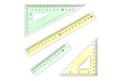 Ruler And Triangles Vector. Centimeter And Inch. Simple School Measurement Tool Equipment Illustration Isolated On White Background. Several Instruments Variants, Proportional Scaled.