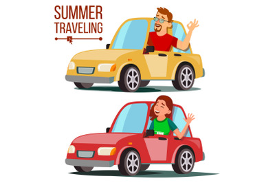 Summer Travelling By Car Vector. Male, Female. Girl And Boy In Summer Vacation. Driving Machine. Rides In The Car. Road Trip. Side View. Isolated Flat Cartoon Illustration