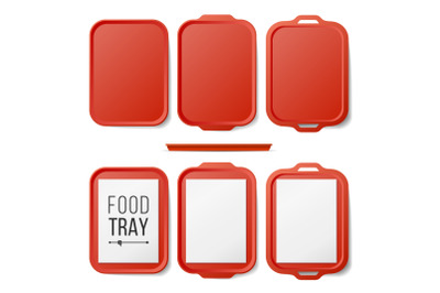 Empty Plastic Tray Salver Set Vector. Rectangular Red Plastic Tray Salver With Handles. Top View. Tray Isolated Illustration