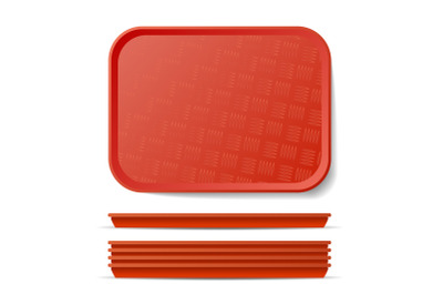 Red Plastic Tray Salver Vector. Classic Rectangular Red Plastic Tray, Plate With Handles. Top View. Restaurant, Fast Food, Kitchen Close Up Tray Isolated Illustration