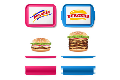 Tray Salver Set Vector. Empty Plastic Rectangular Tray Salvers With Fast Food Realistic Burger. Top View. Advertising, Branding Concept. Tray Isolated On White