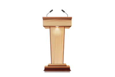 Realistic Wooden Tribune Isolated Vector. With Two Microphones. Wooden Classic Podium Stand Rostrum. Illustration