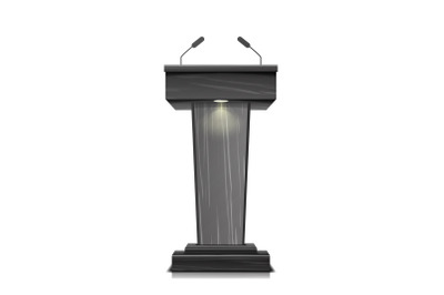 Realistic Wooden Tribune Isolated Vector. With Two Microphones. Dark Wooden Podium Stand Sign Rostrum. Illustration For The Performance Presentation Speech.