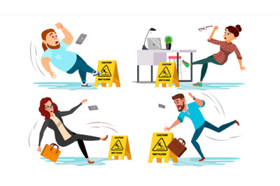 Caution Wet Floor Sign Vector. People Slips On Wet Floor. Situation In Office. Danger Sign. Clean Wet Floor. Isolated Flat Cartoon Character Illustration