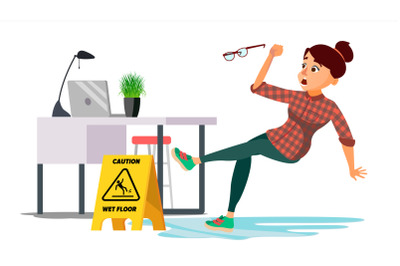 Woman Slips On Wet Floor Vector. Caution Sign. Isolated Flat Cartoon Character Illustration