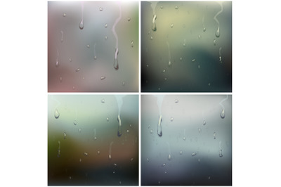 Wet Glass Set Vector. Water Drops. Pure Droplets Condensed. Clear Vapor Water Bubbles. Rain Drops. Steam Shower. Realistic Illustration