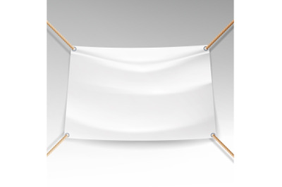 White Banner With Ropes Vector. Empty Textile Hanging Banner Mock Up.