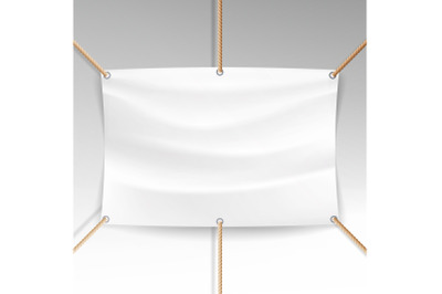 White Banner With Ropes Vector. Realistic Clear Textile Hanging Banner Template.