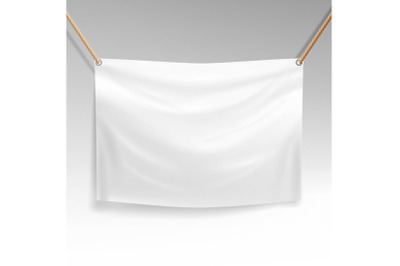 White Banner With Ropes Vector. Realistic Clear Textile Hanging Banner Template.