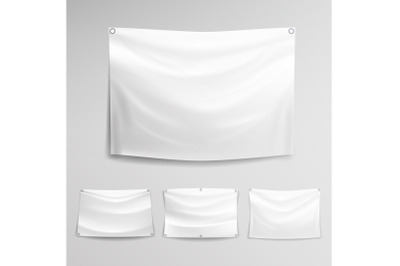 White Banner Set Vector. Horizontal Hanging Banners Mock Up Textile, Fabric Or Nylon.