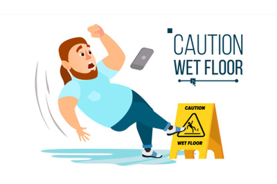 Man Slips On Wet Floor Vector. Modern Businessman. Situation In Office. Danger Sign. Clean Wet Floor. Isolated Flat Cartoon Character Illustration