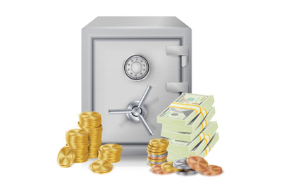 Steel Safe Security Concept Vector. Metal Coins. Vector Isolated Illustration. Investment Concept.