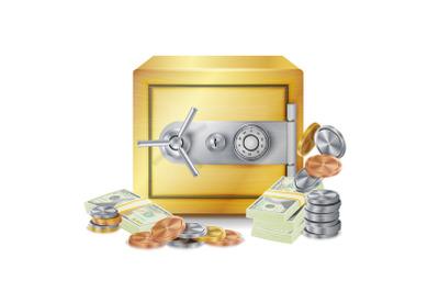 Safe And Money Stacks Vector. Safe, Coins And Dollar Banknotes Stacks Isolated Illustration. Finance Banking Concept