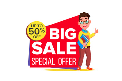 Big Sale Banner Vector. School Children, Pupil. Template For Advertising. Discount Tag, Special Offer Banner. Isolated Illustration