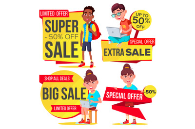 Big Sale Banner Set Vector. School Children&2C; Pupil. Template For Advertising. Discount Tag&2C; Special Offer Banner. Up To 50 Percent Off Badges. Isolated Illustration