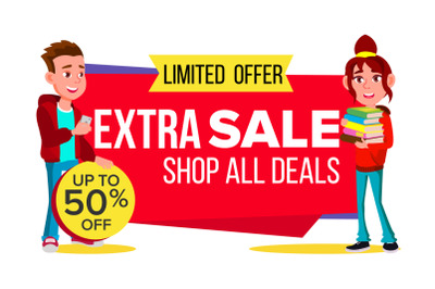 Big Sale Banner Vector. School Children&2C; Pupil. Kid Pointing. Website Stickers&2C; Color Web Page Design. Isolated Illustration