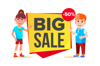 Big Sale Banner Vector. School Children&2C; Pupil. Funny Character. Up To 50 Percent Off Badges. Isolated Illustration