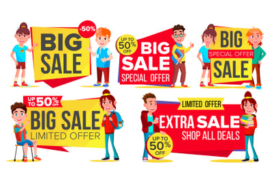 Big Sale Banner Set Vector. School Children, Pupil. Kids School Shopping. Half Price Colorful Stickers. Mega Sale Poster Design. Discount And Promotion. Isolated Illustration