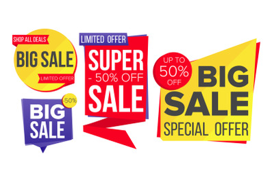 Sale Banner Set Vector. Discount Tag&2C; Special Offer Banner. Discount And Promotion. Half Price Colorful Stickers. Isolated Illustration