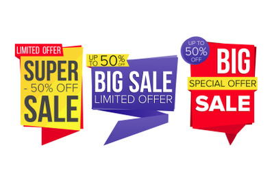 Sale Banner Collection Vector. Website Stickers, Color Web Page Design. Advertising Element. Shopping Backgrounds. Isolated Illustration