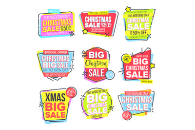 Christmas Big Sale Sticker Set Vector. Template For Advertising. Discount Tag&2C; Special Offer Banner. Up To 50 Percent Off Badges. Promo Icon. Buy Label. Isolated Illustration