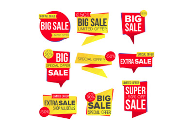 Sale Banner Set Vector. Website Stickers&2C; Color Web Page Design. Up To 50 Percent Off Badges. Isolated Illustration