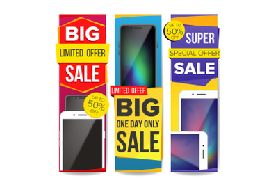 Sale Banner Set Vector. Discount Special Offer Banners Templates. Modern Smart Phones. Best Offer Advertising. Isolated Illustration