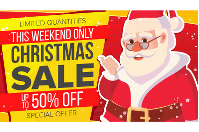 Big Christmas Sale Banner With Happy Santa Claus. Vector. Holidays Sale Announcement. Business Advertising Illustration. Design For Web, Flyer, Xmas Card, Advertising.