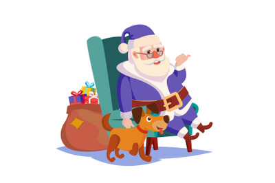 Santa Claus Sitting On Chair Vector. Funny Dog. Heavy Sack Full Of Gifts Boxes Vector. Blue Santa Suit. 2018 Year Of The Dog. Isolated On White Cartoon Character Illustration