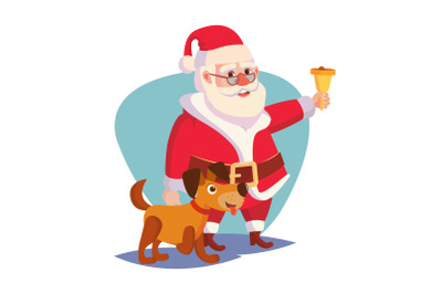 Santa Claus And Happy Dog Vector. Ringing Gold Bell And Smiling. 2018 Year Of The Dog Concept. Cartoon Santa Character Illustration