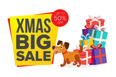 Christmas Dog Cartoon Characters Bector. Happy Dog Flat Design. New Year Business Brochure Illustration. For Xmas Banner&2C; Brochure&2C; Poster&2C; Discount Offer Advertising Background. Isolated