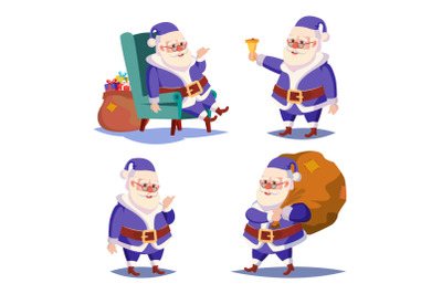 Santa Claus Set Isolated Vector. Cartoon Christmas Character. Classic Blue Suit. Xmas Design Element Illustration