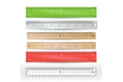 Color School Ruler Vector. Plastic, Wooden, Metal. Centimeters And Inches Scale. Stationery Ruler Tool. Isolated Illustration