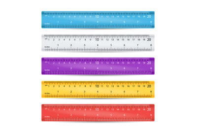 School Plastic Ruler Vector. Measure Tools Equipment. Colorful. Centimeters, Inches Scale. Isolated Illustration