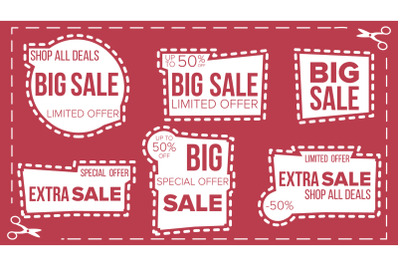 Sale Banners Set Vector. Scissor Cut Border. Discount Badge. Shopping Backgrounds. Flat Isolated Illustration