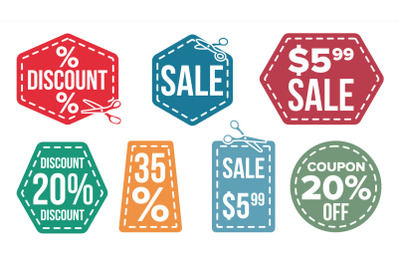 Sale Banners Set Vector. Scissor Line. Discount Coupon. Discount Tag. Cut Crop Border. Flat Isolated Illustration