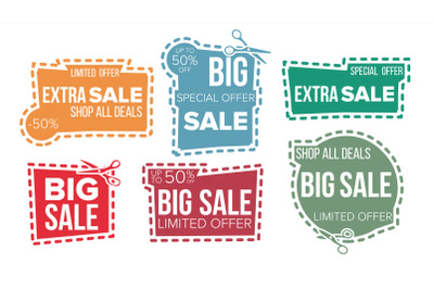 Sale Banners Set Vector. Cut Border. Cutout Template. Shopping Icons. Flat Isolated Illustration