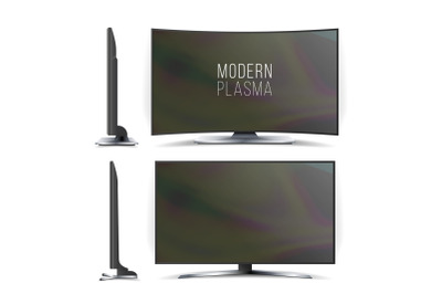 Screen Lcd Plasma Vector. Television Set. Curved and Flat TV screen lcd, plasma. Two Sides. Isolated On White Background. Realistic vector illustration.