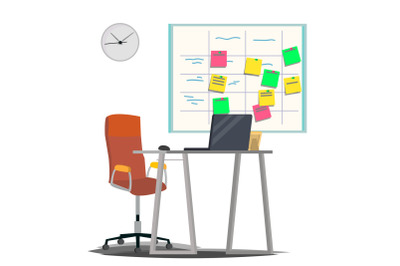 Scrum Board Vector. Board With Post It Notes. For Software Development. Hanging On Office Wall. Modern Task Methodology. Flat Illustration