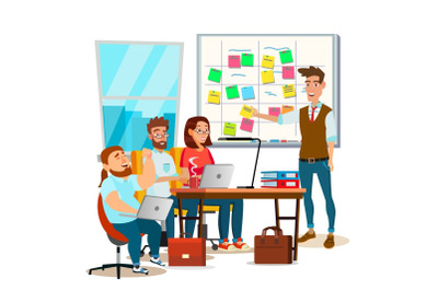 Business Characters Scrum Team Work Vector. Office Tasks Process. Scrum Planning Board. Whiteboard And Process Teamwork. Programming And Planning. Scheme Methodology. Flat Cartoon Illustration