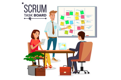 Business Characters Scrum Team Work Vector. Teamwork Scheme Planning On Whiteboard. Team Room Full Of Tasks On Sticky Note Cards. Isolated Flat Cartoon Illustration