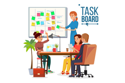 Business Characters Scrum Team Work Vector. Scrum Master. Strategy Planning Meeting. Sticky Note Cards. Isolated Flat Cartoon Illustration